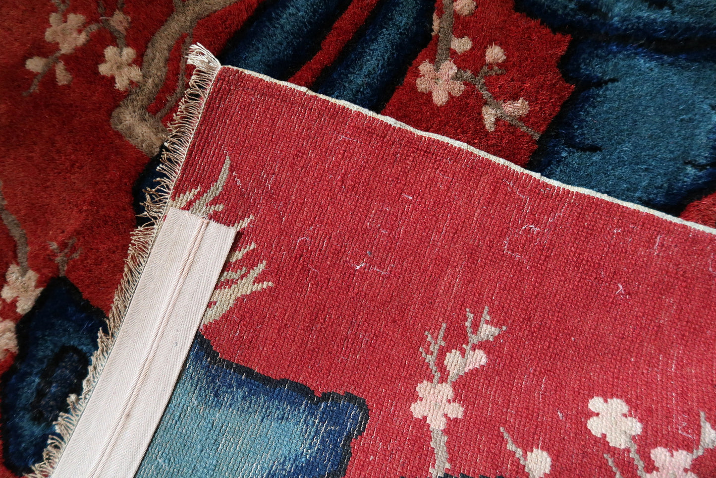 Antique Chinese rug back view, showing hand-knotted construction