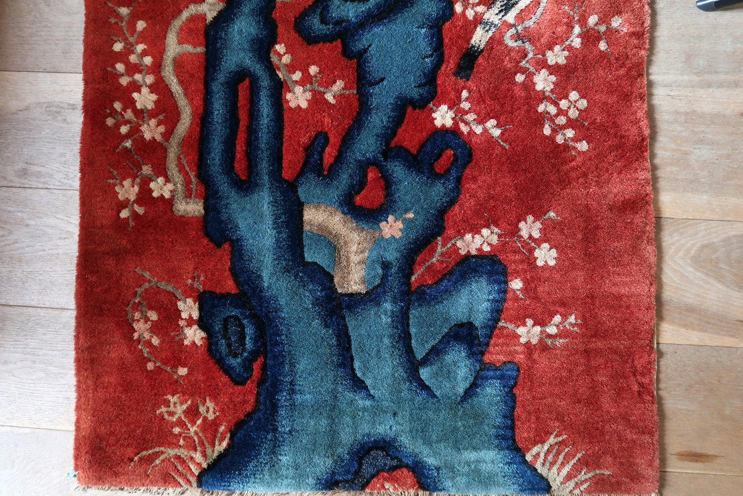 Vintage Chinese rug fringe detail, handmade wool with signs of age