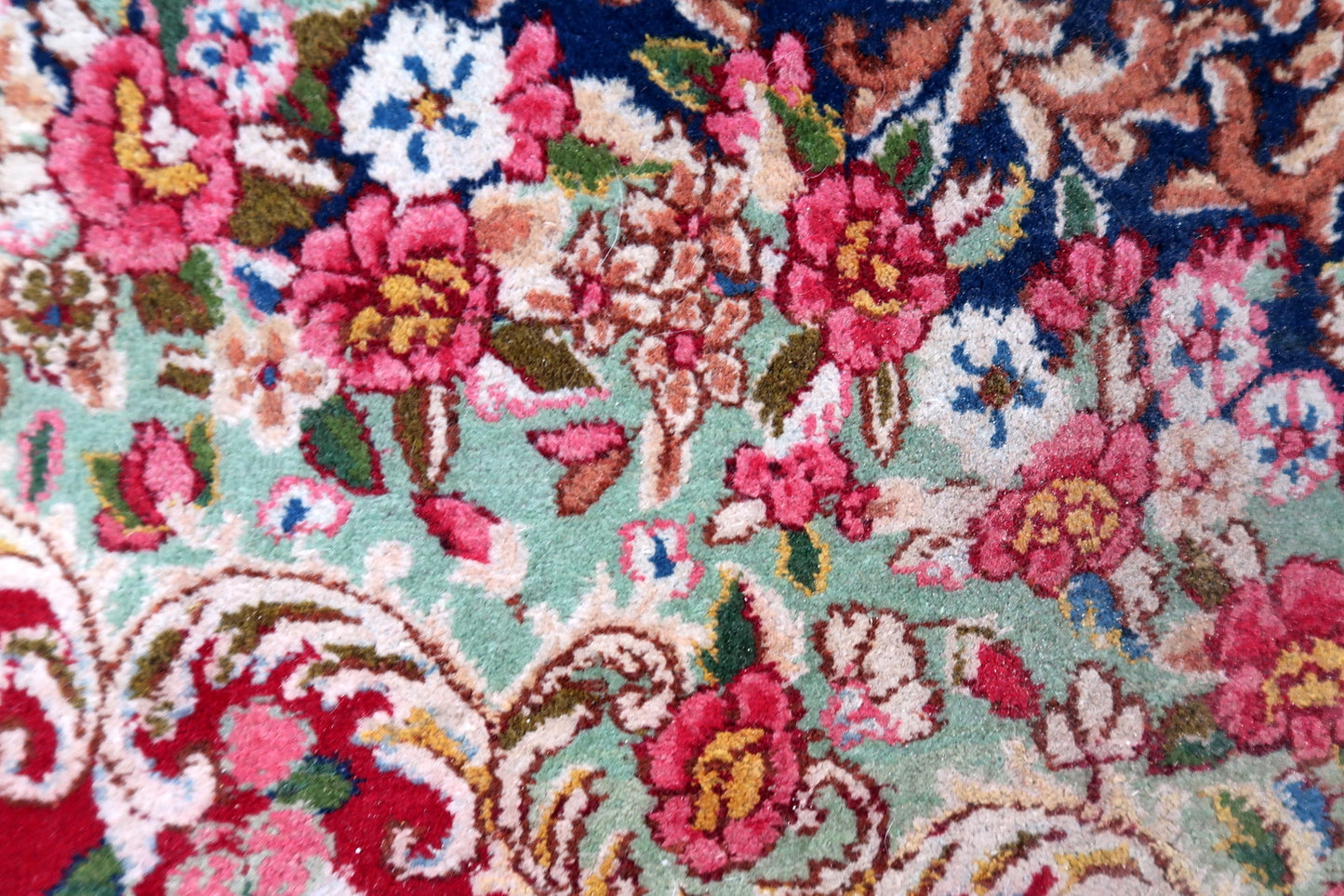 Persian Kerman rug back view, showing tight weave and construction