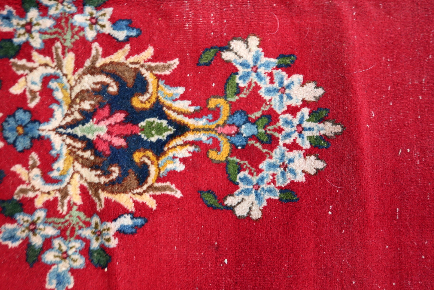 Antique Kerman rug fringe detail, handmade wool with signs of age