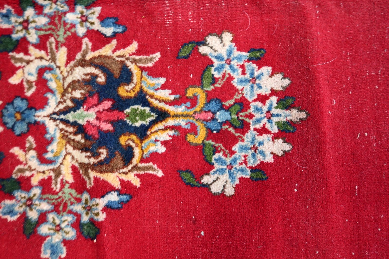Antique Kerman rug fringe detail, handmade wool with signs of age
