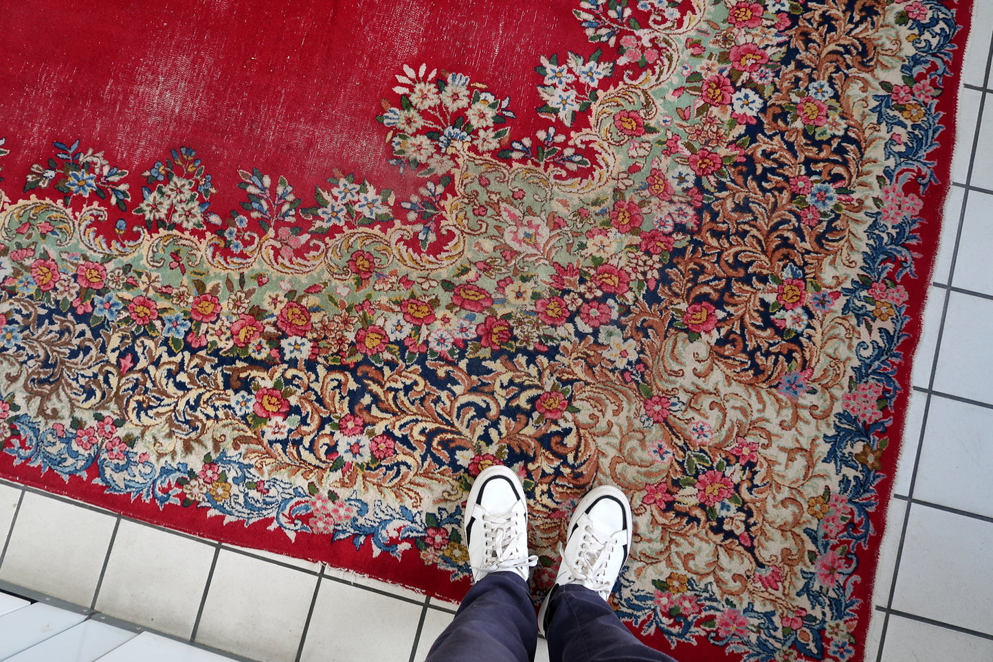 1920s Kerman rug detail, delicate flowers and scrolling vine motifs
