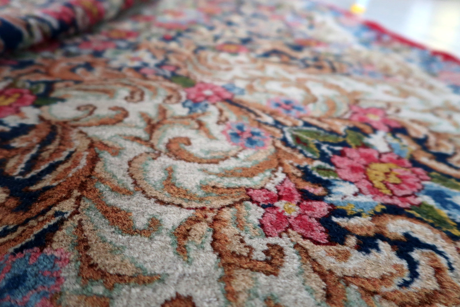 Persian Kerman rug detail, rich natural dyes and intricate drawing