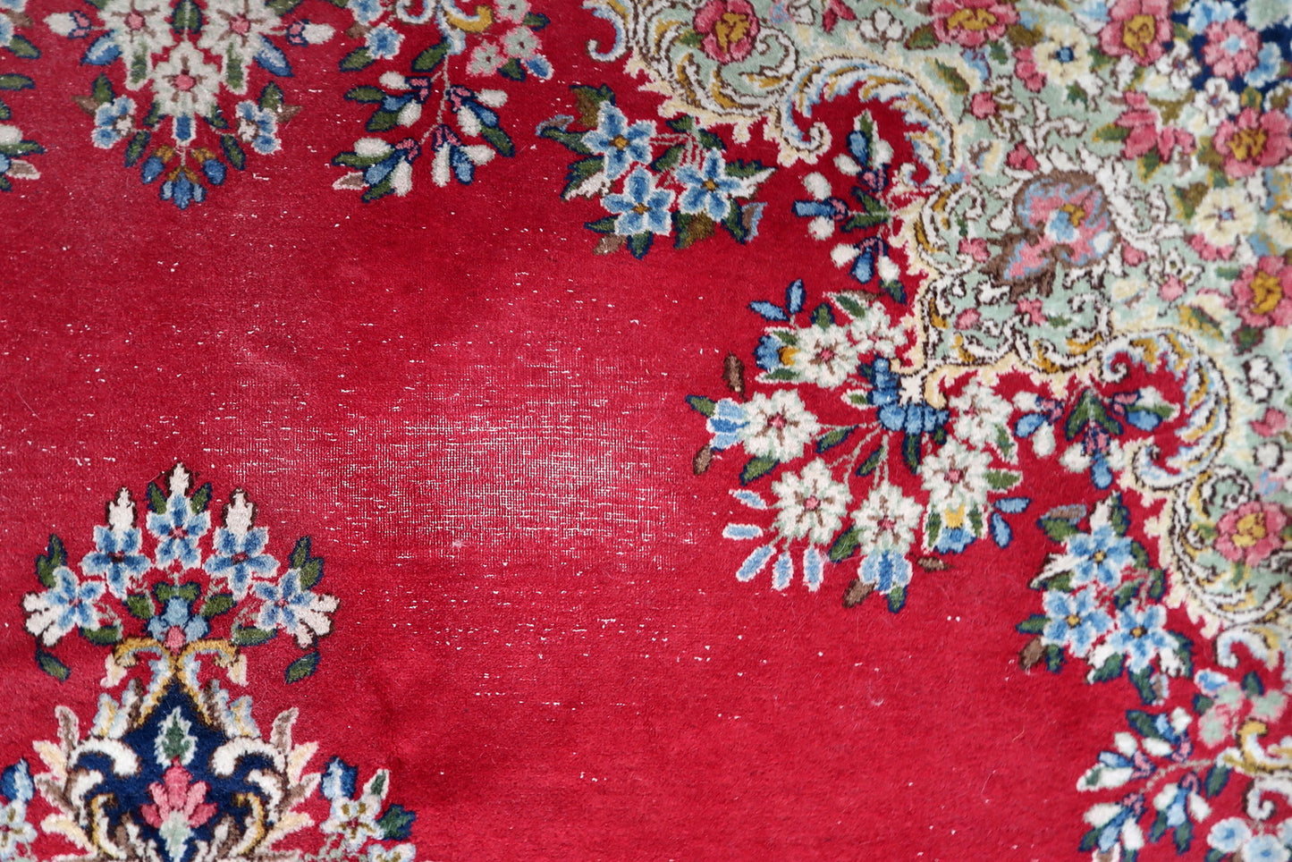 Antique large Kerman rug, 1920s wool carpet with elegant floral composition