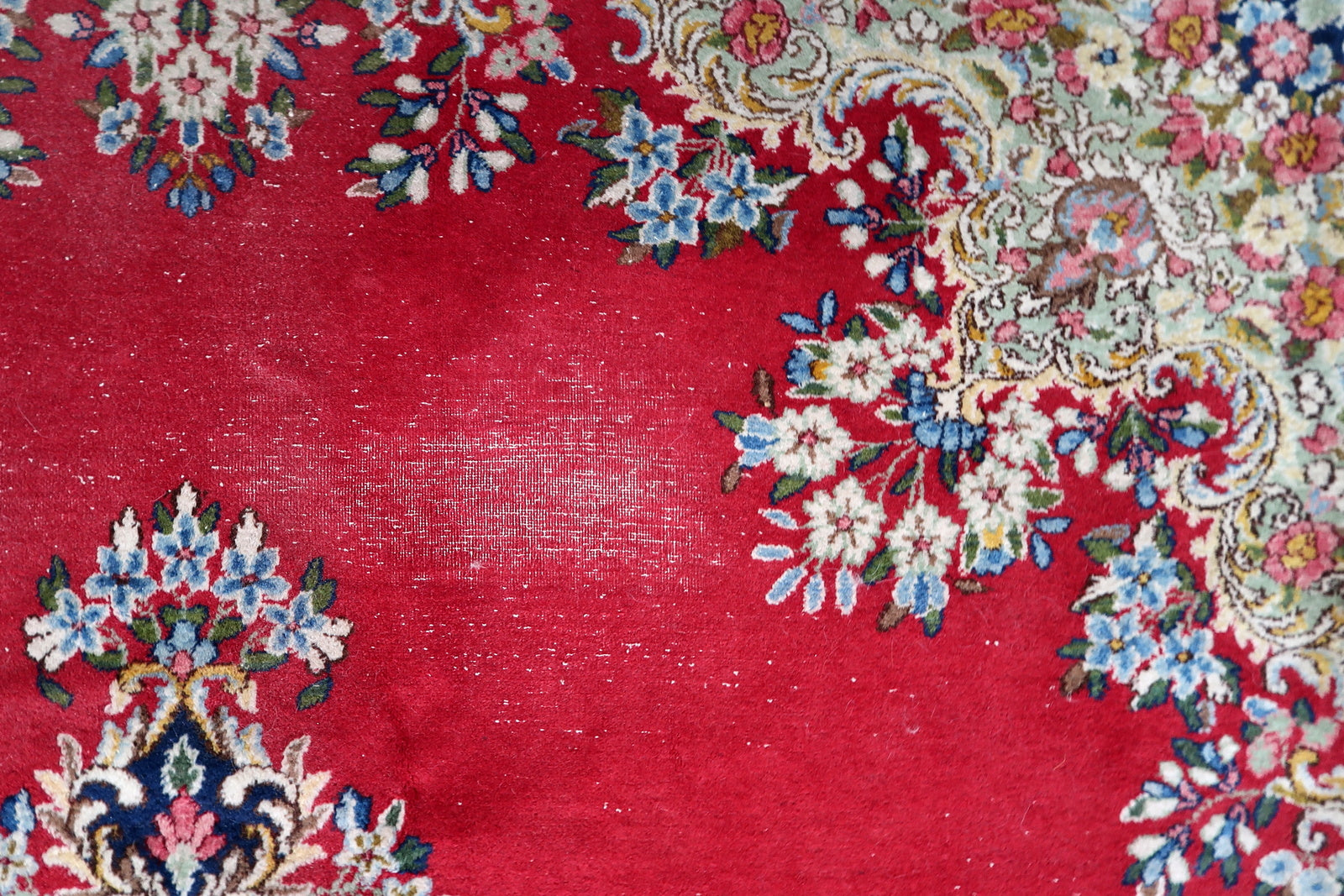 Antique large Kerman rug, 1920s wool carpet with elegant floral composition
