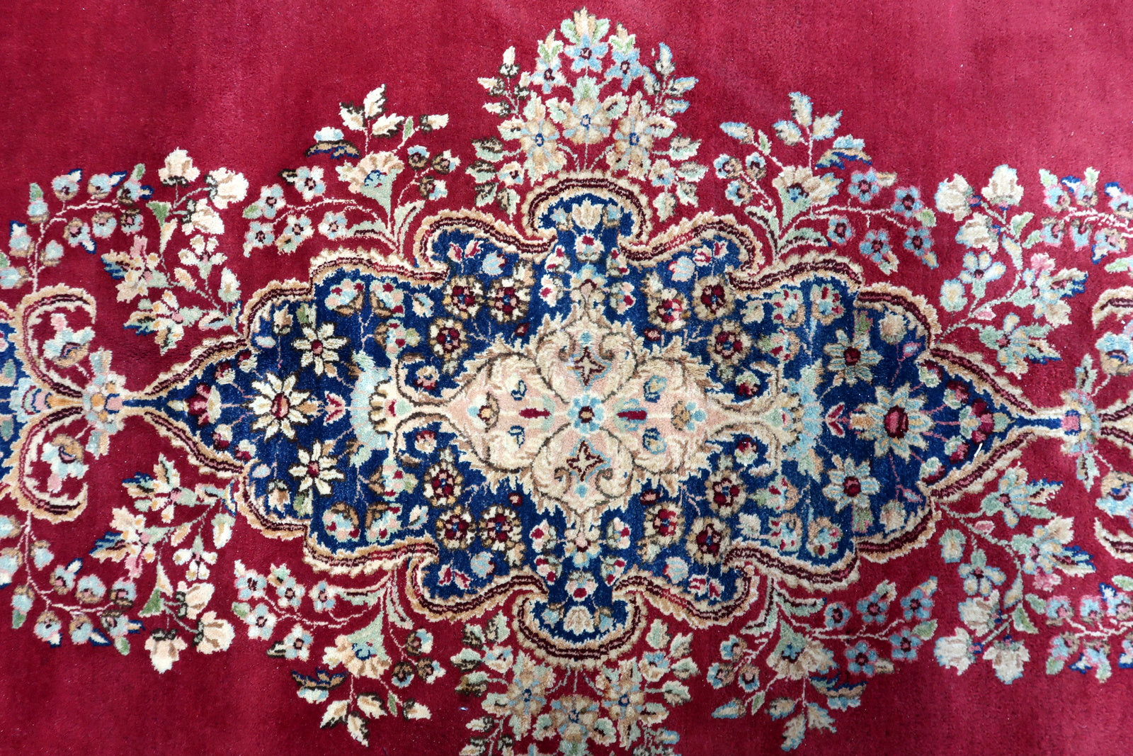 1920s Kerman rug detail, delicate flowers and scrolling vine motifs