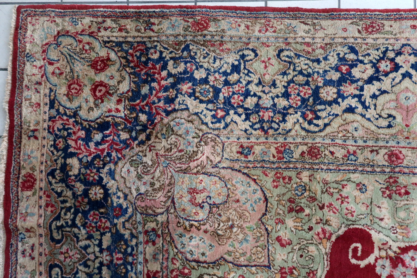 Antique large Kerman rug, 1920s wool carpet with elegant floral composition