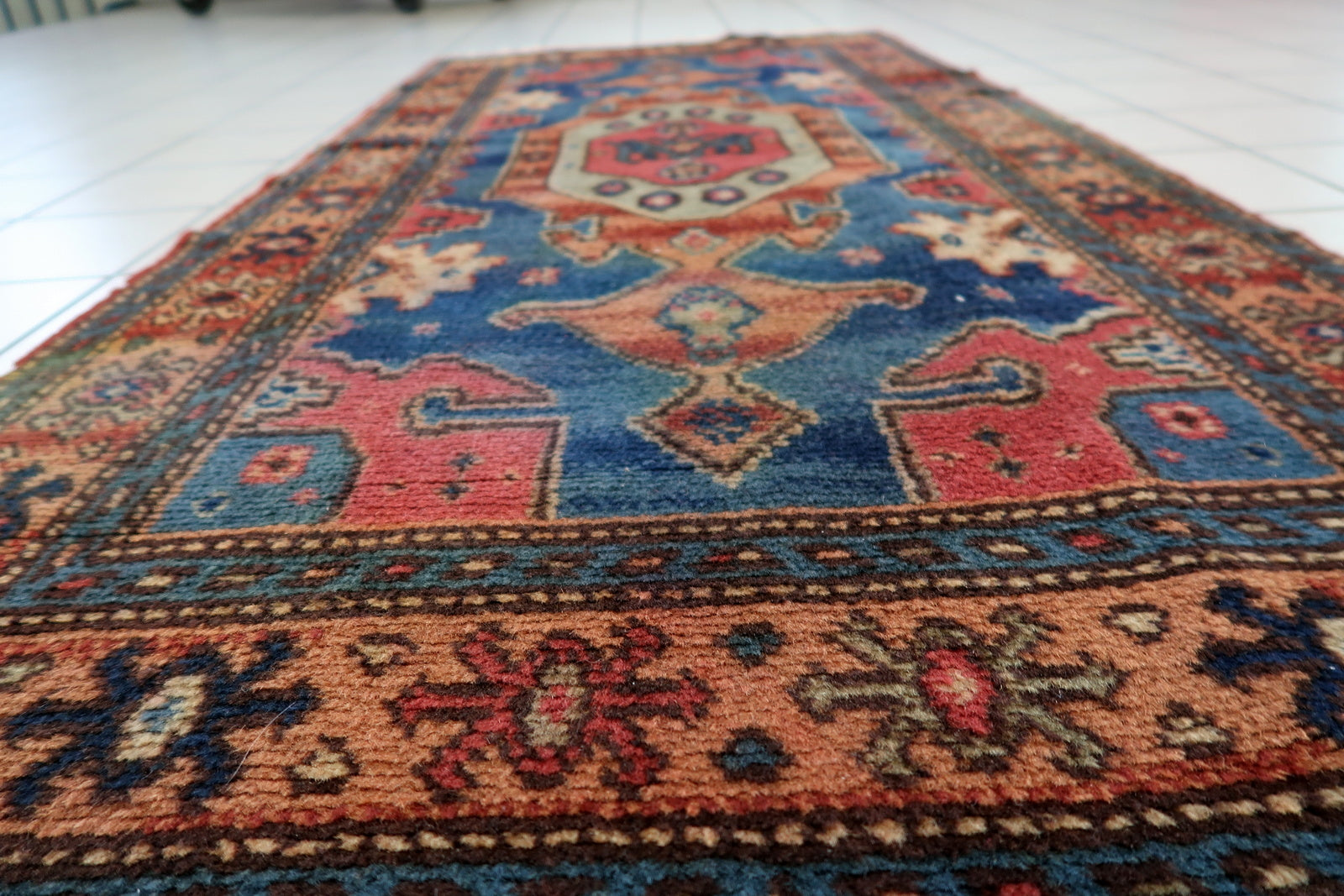 German tribal style rug back view, showing handwoven construction
