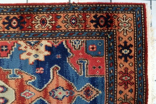 German tribal style rug full view, mid-century wool carpet with bold patterns