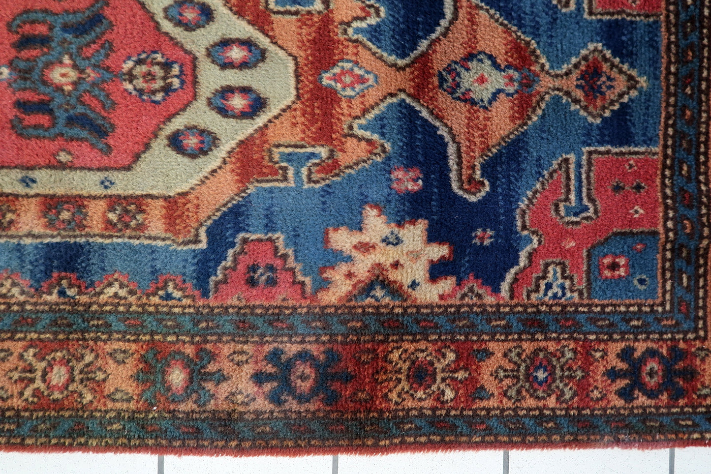 1950s German wool rug, tribal inspired design with repeating shapes