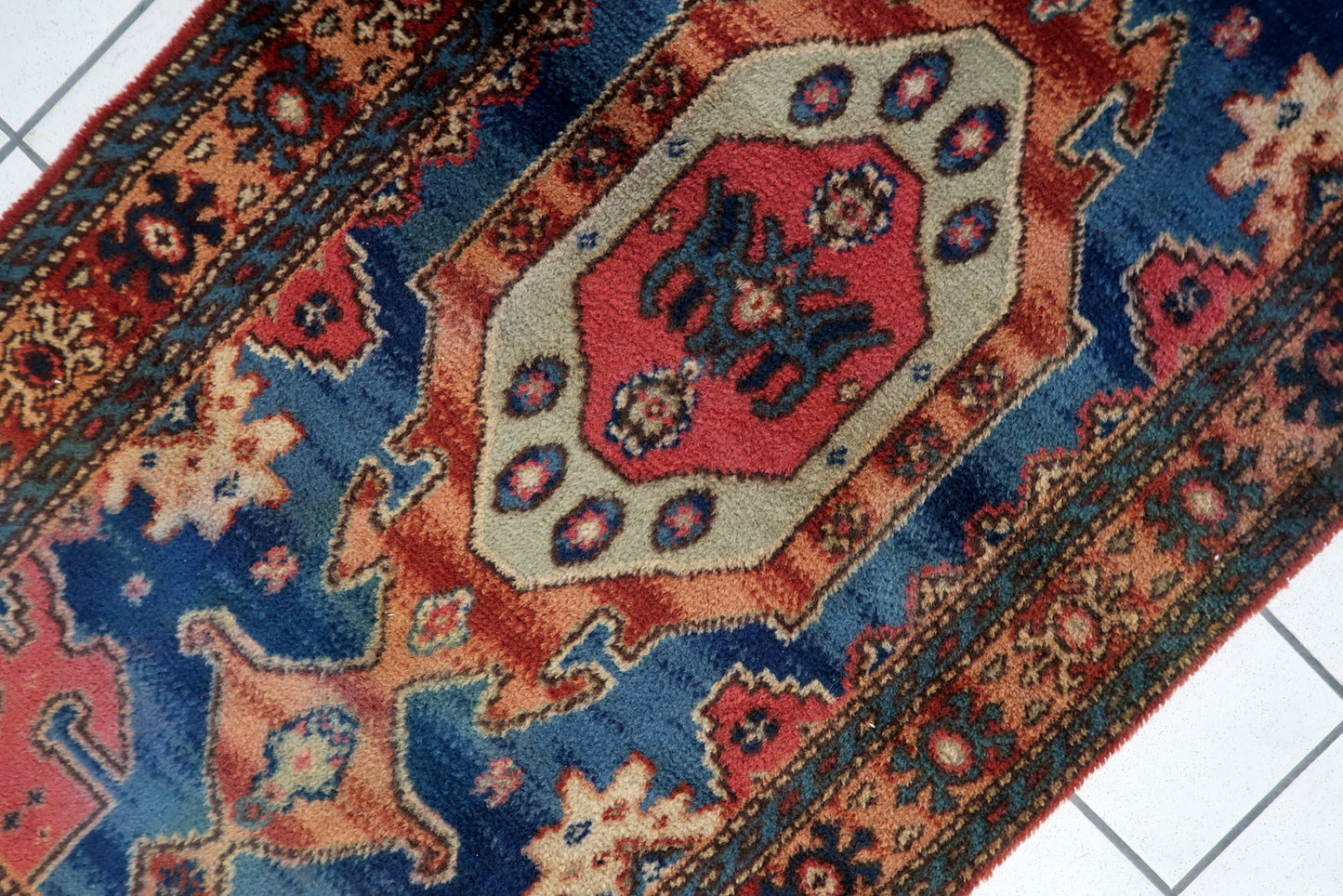 Handmade German rug, mid-century wool carpet with symmetrical composition