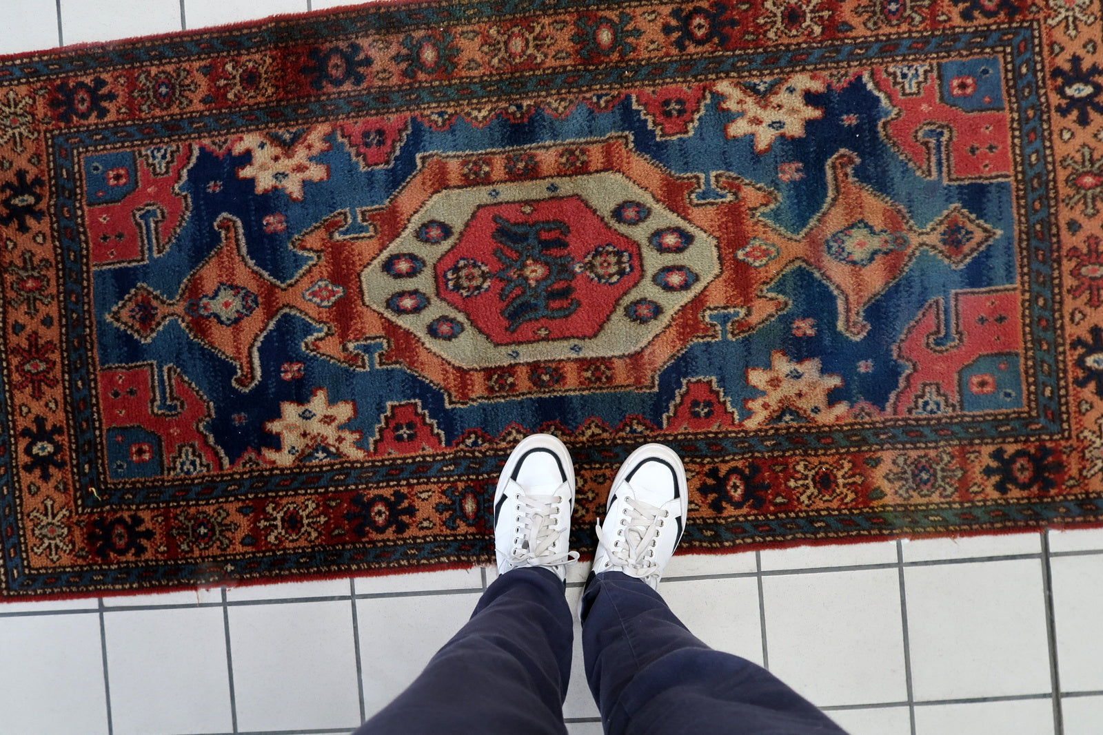 German tribal style rug texture detail, dense wool pile with soft feel