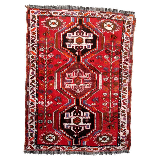 Vintage 1940s Persian Shiraz rug, handmade tribal wool with red field