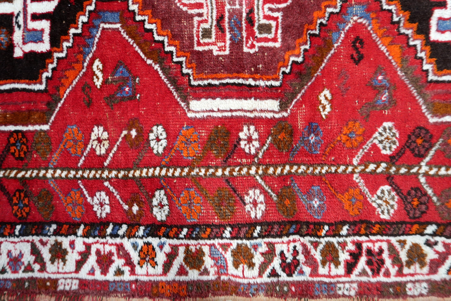 1940s Persian Shiraz rug, tribal wool carpet with geometric medallions