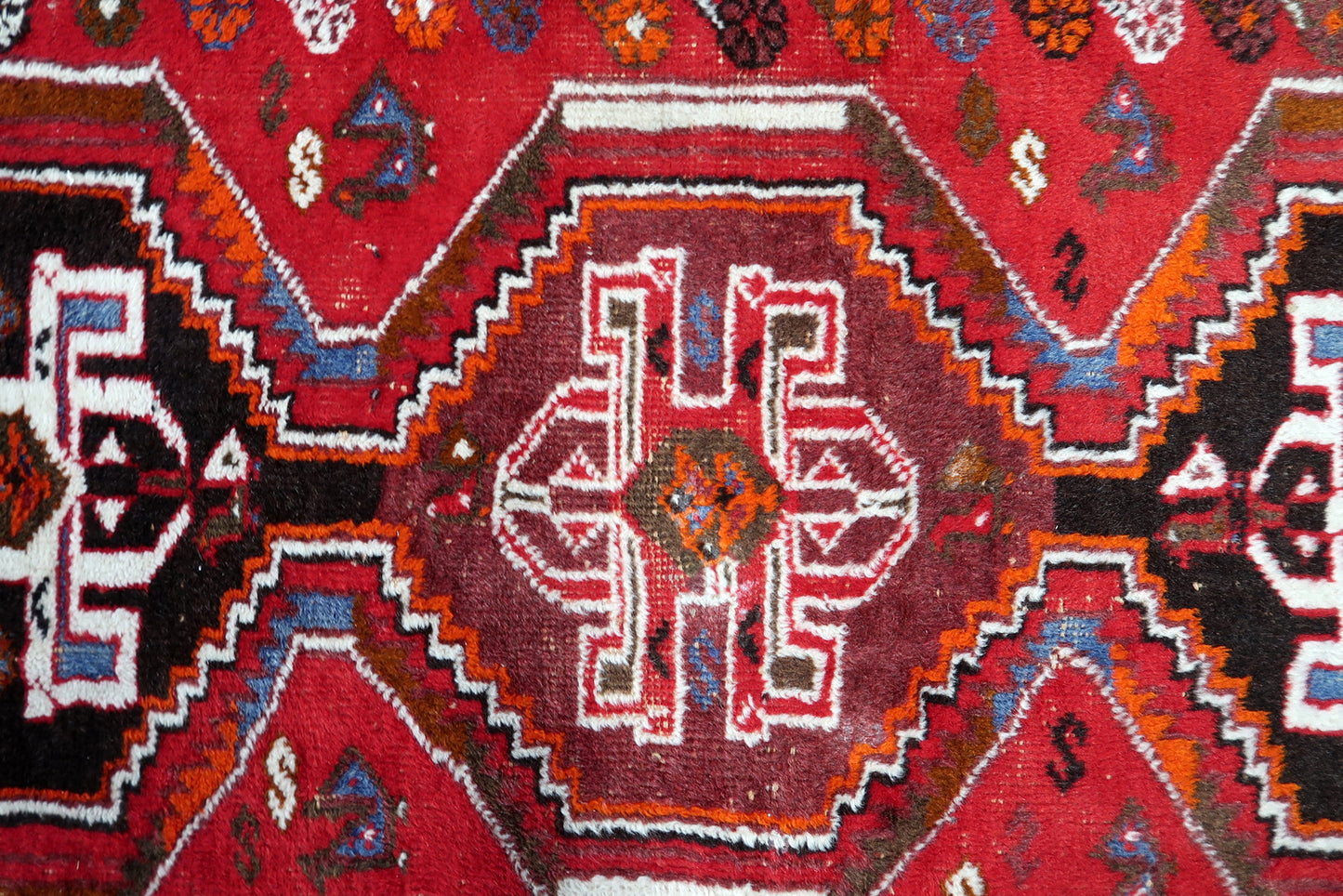 Vintage Persian tribal rug, Shiraz design with repeating geometric elements