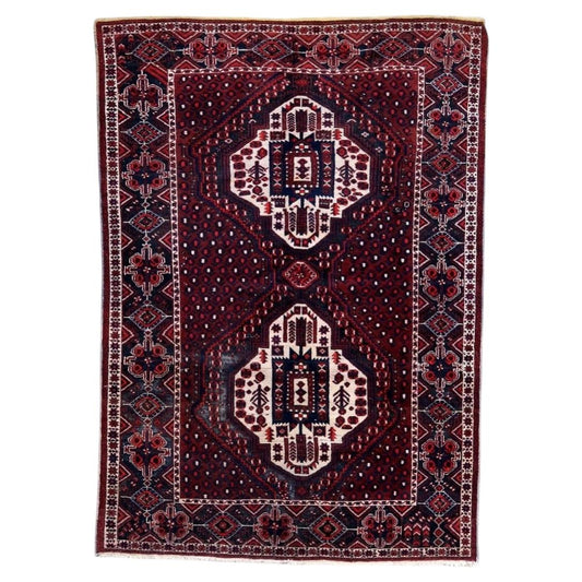 Vintage 1950s Persian Afshar rug, handmade tribal wool with geometric design