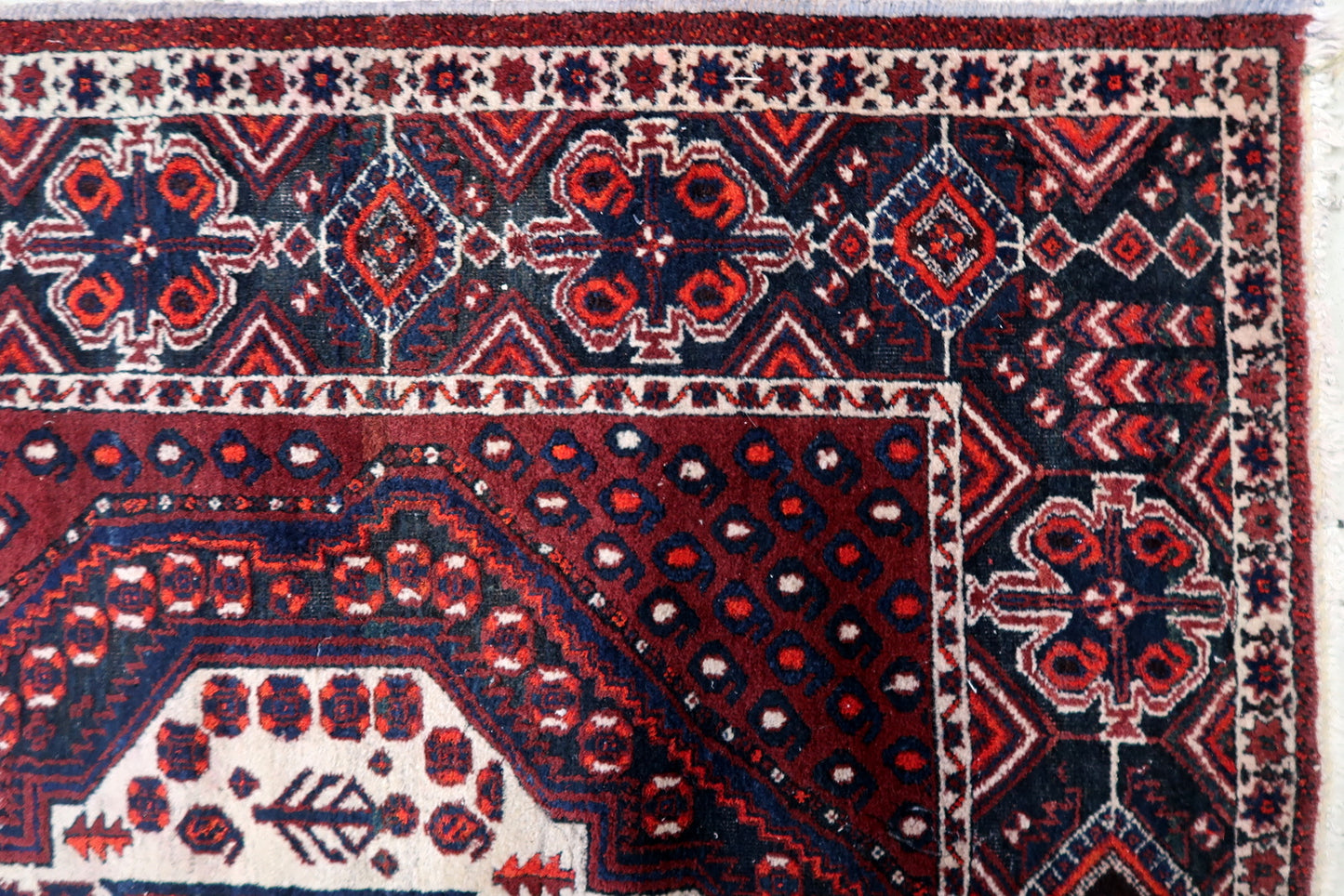 1950s Persian Afshar rug, geometric motifs with rich red and blue tones
