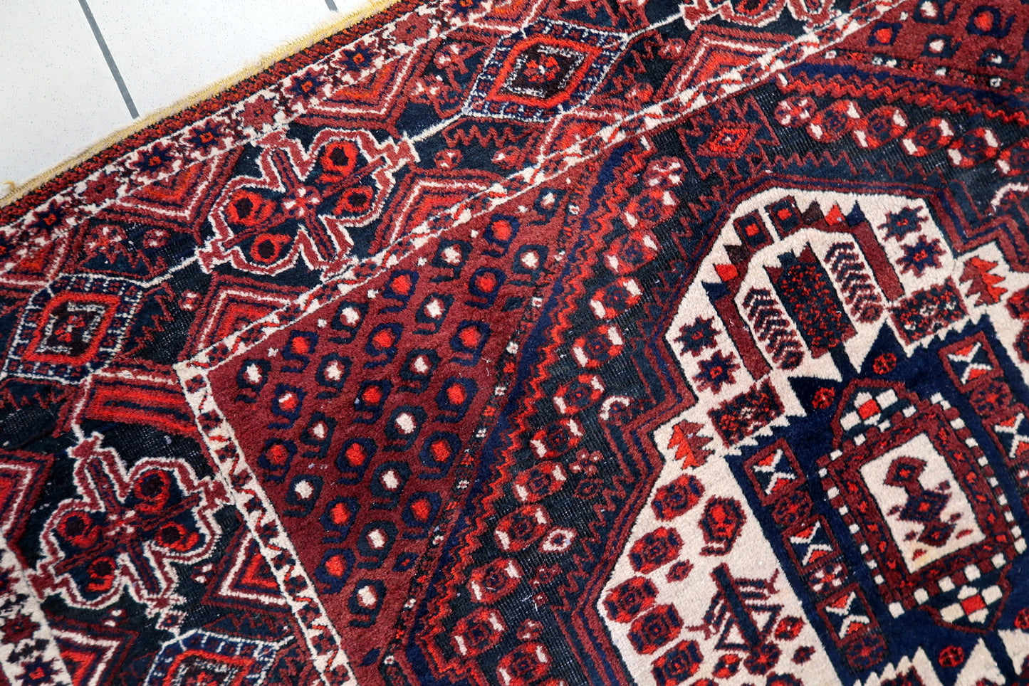 Hand-knotted Persian Afshar rug, wool carpet with bold tribal composition