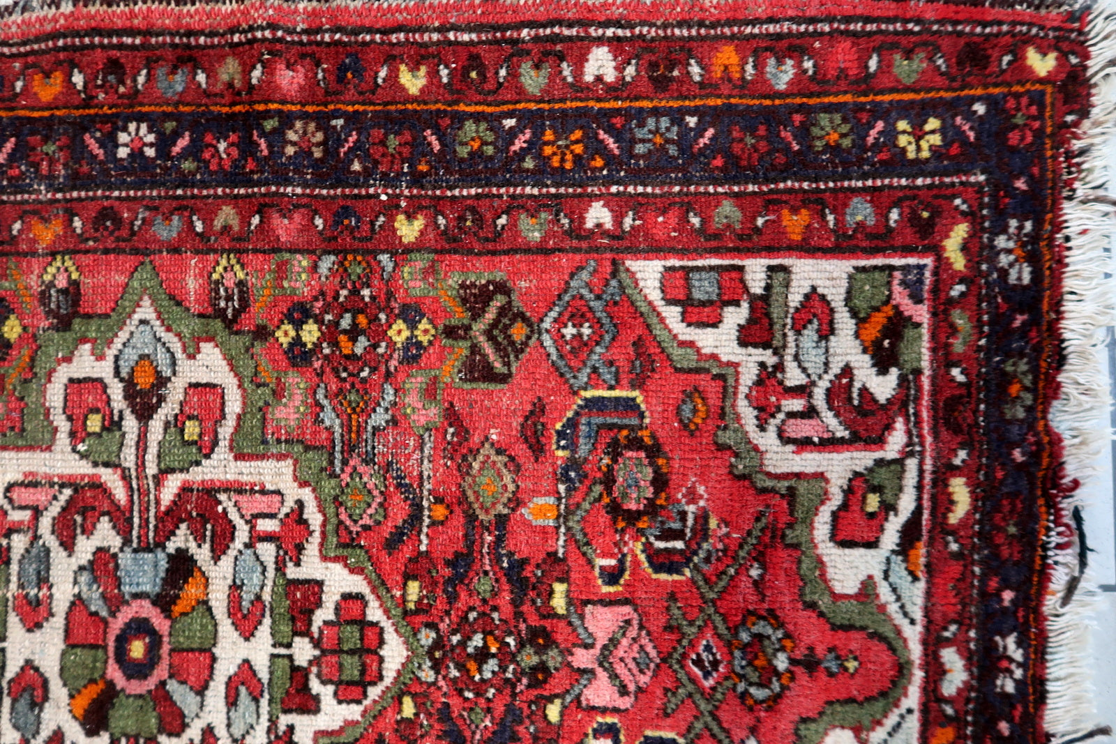 Vintage 1920s Persian Hamadan rug handmade red floral wool 3.4 x 4.8 ft antique oriental accent carpet.

