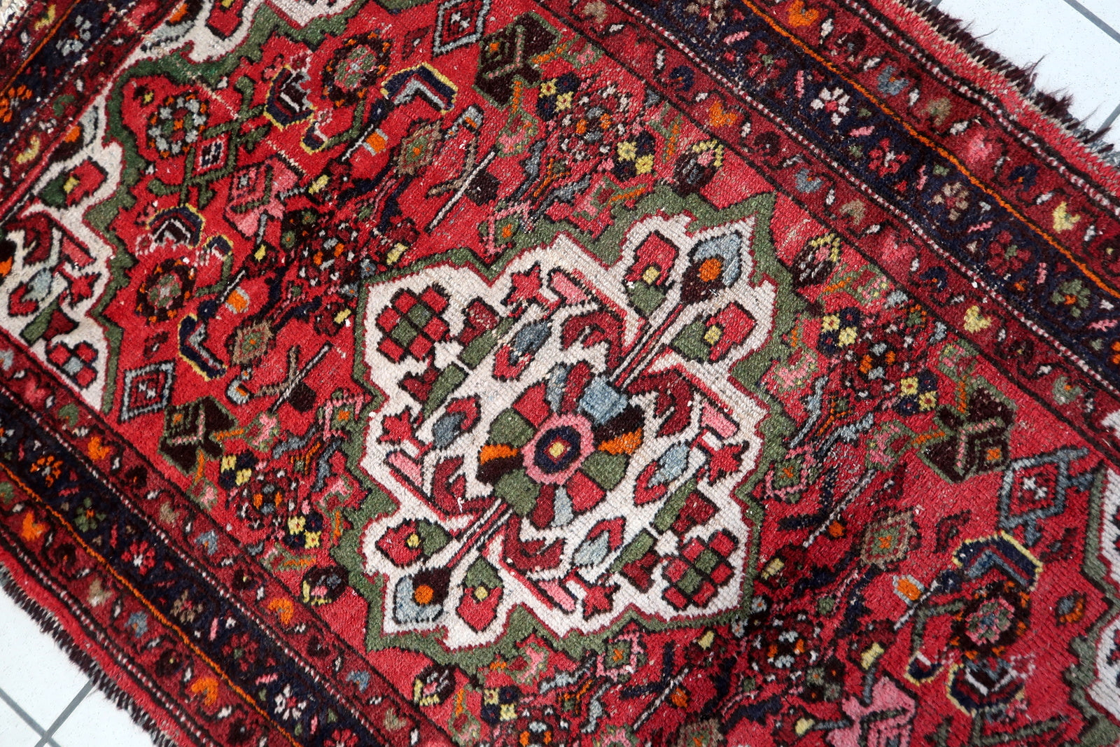 Authentic antique Persian Hamadan rug red field floral medallion hand-knotted wool small oriental rug for entryway or bedside.

