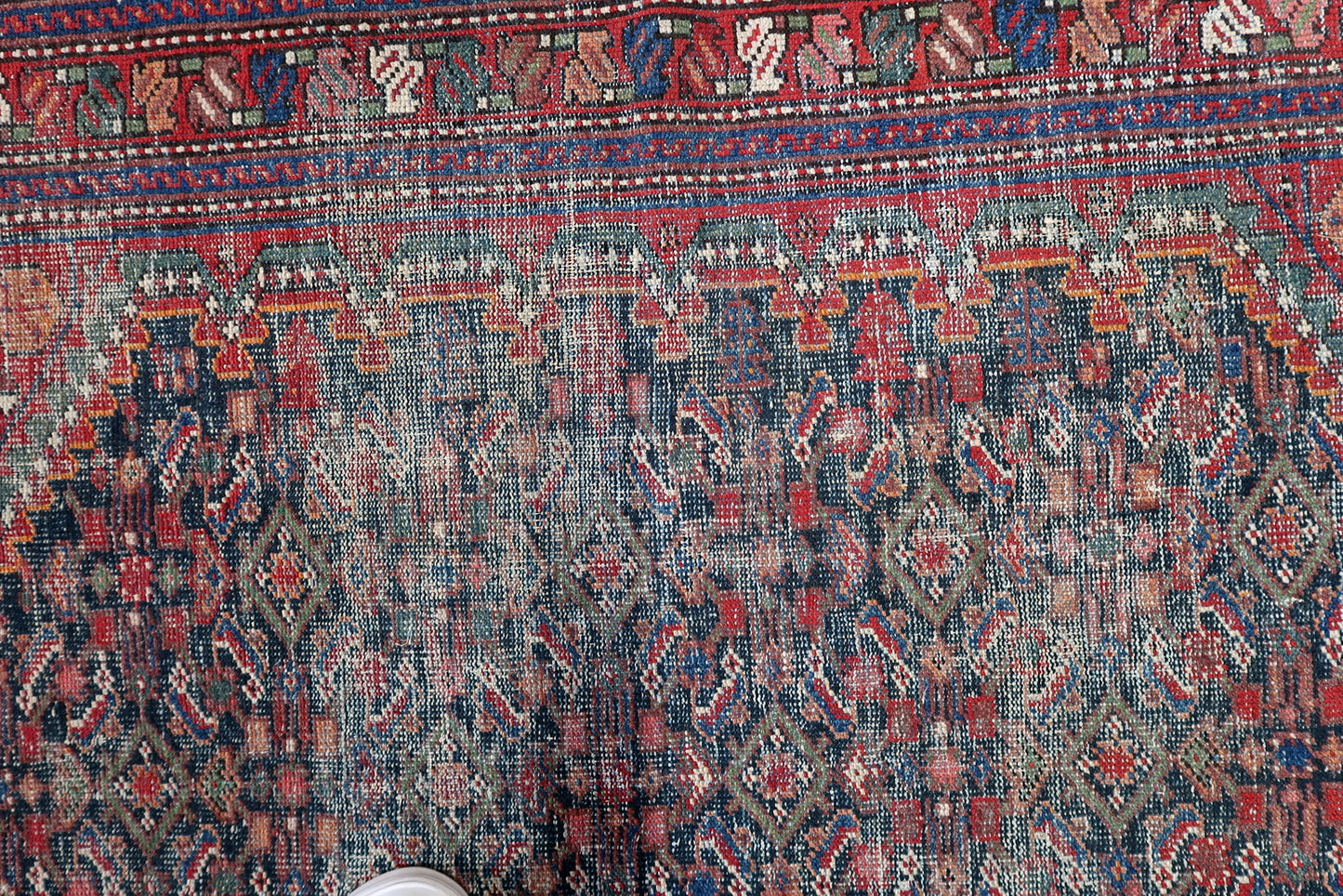 Vintage 1920s Persian Hamadan rug distressed wool antique 4 x 6.5 ft geometric Herati pattern red navy.

