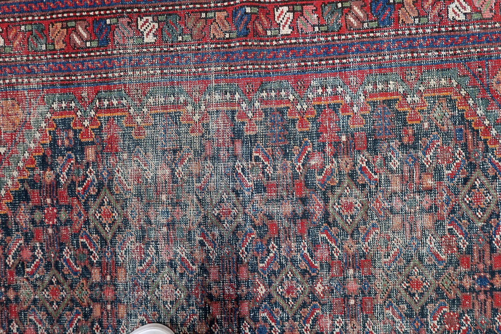 Vintage 1920s Persian Hamadan rug distressed wool antique 4 x 6.5 ft geometric Herati pattern red navy.


