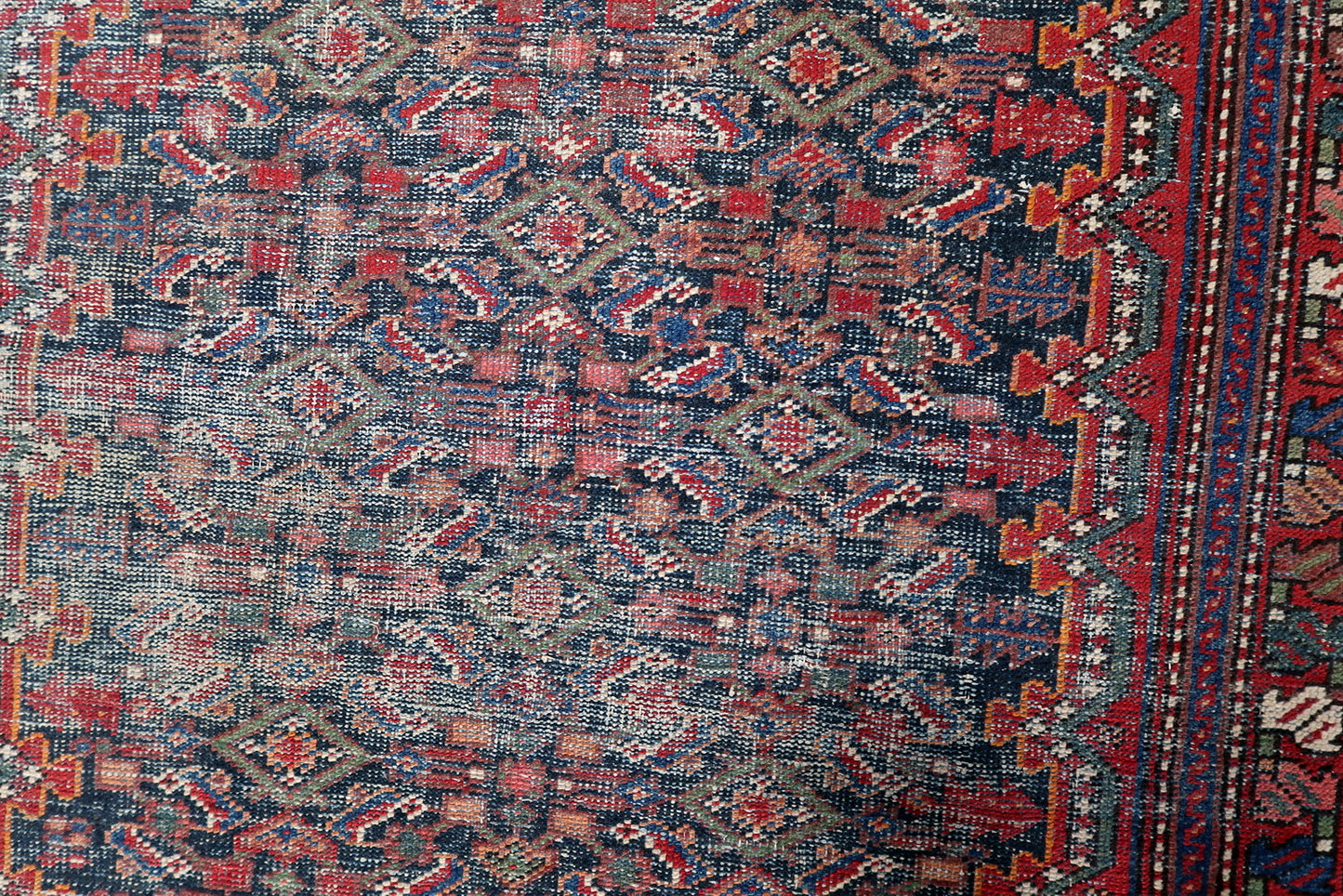 Authentic antique Persian Hamadan rug distressed low pile all-over design hand-knotted wool 4x6.5 feet.

