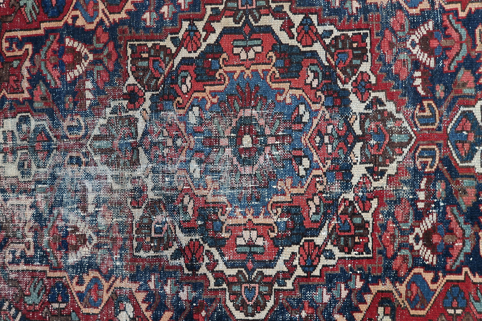 Vintage 1920s Persian Hamadan rug distressed wool antique 4.3 x 6.5 ft geometric medallion design navy red.

