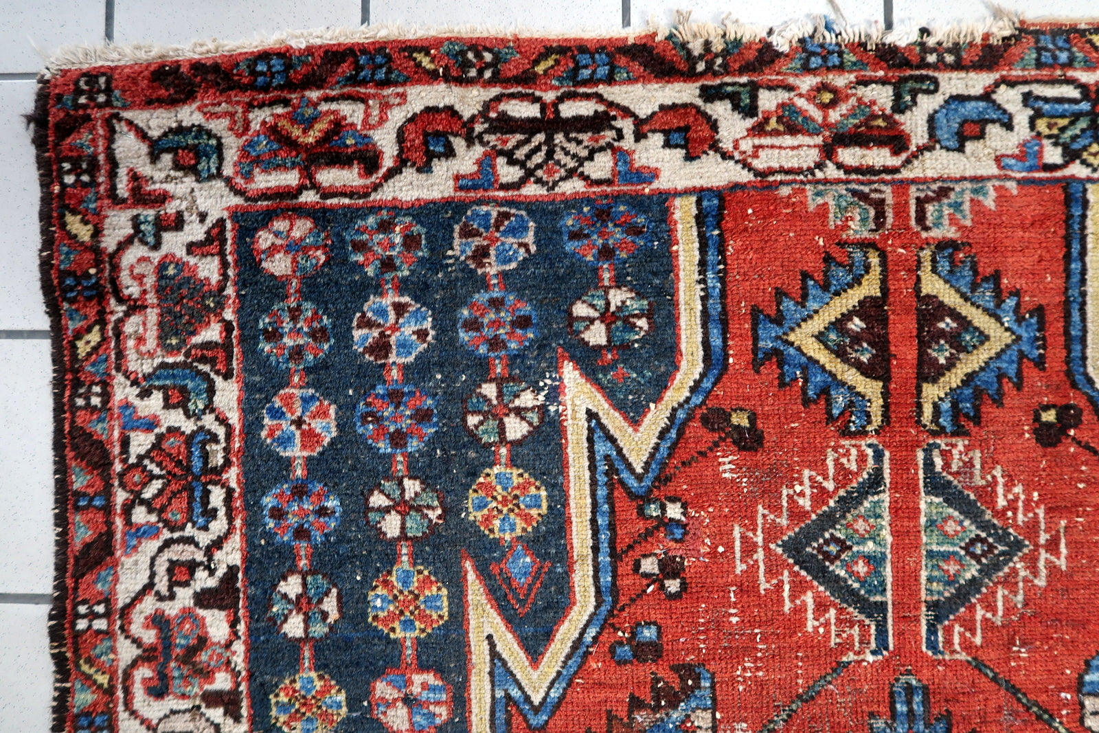 Antique Persian Hamadan rug, 1920s, distressed wool, 4x6 feet.

