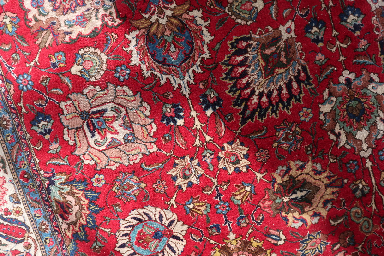 Detail of the border system on a vintage Persian Tabriz rug, showing a wide ivory main border with continuous scroll of large red palmettes and pink acanthus leaves, framed by teal/sky blue guard borders with small floral rosette and vine scroll.

