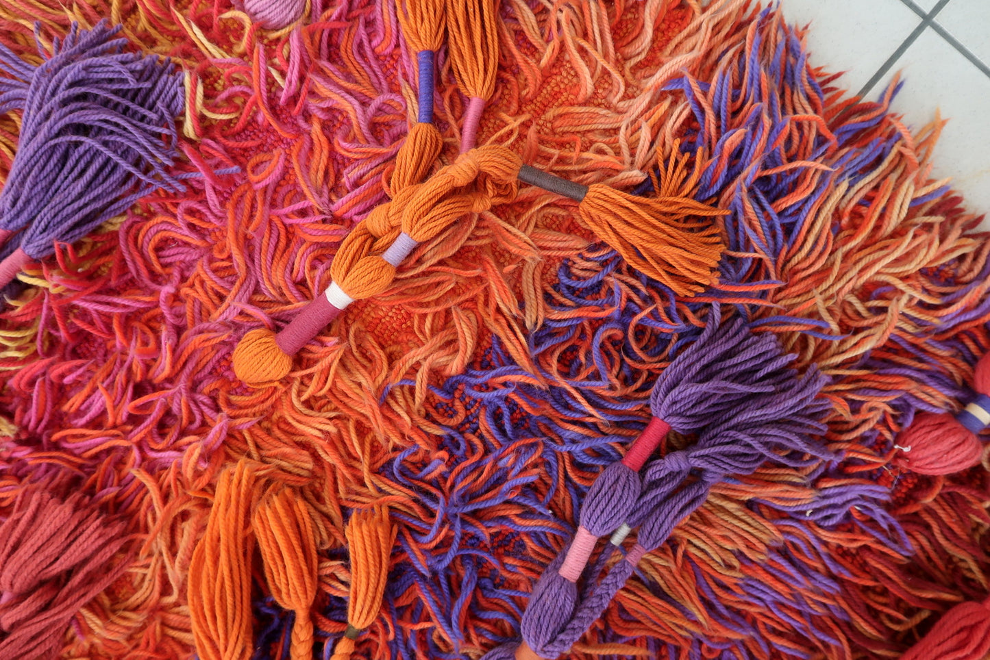 Abstract colour field Rya rug in sunset hues, Scandinavian vintage textile

