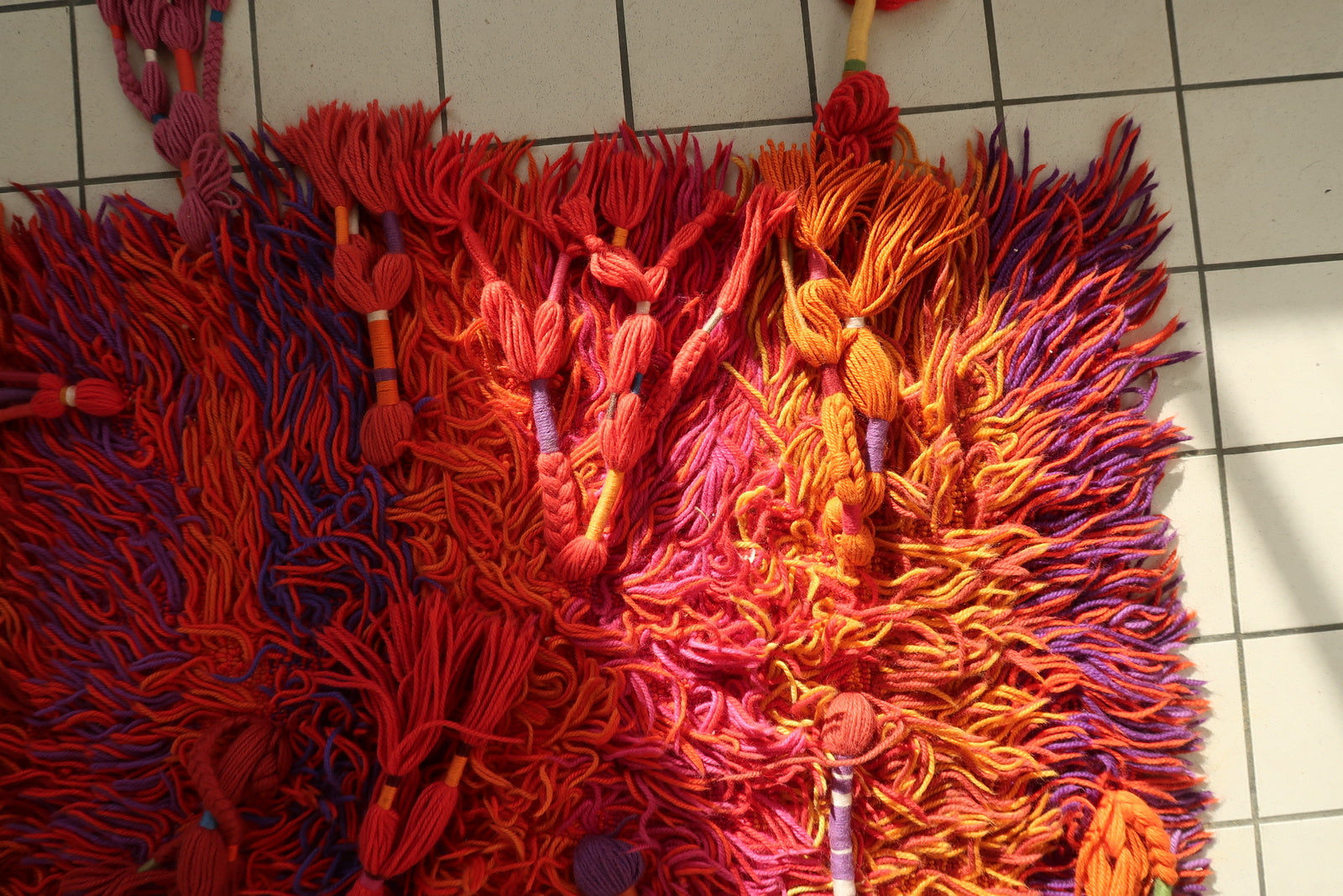 Vintage Swedish shag rug with sunset-inspired abstract colour transitions

