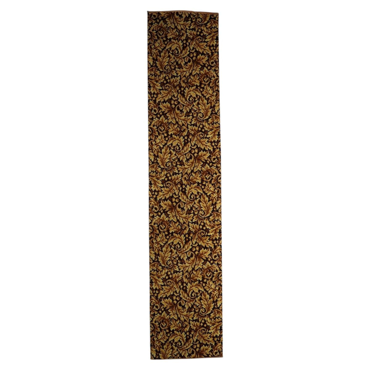 1960s German acrylic runner rug with gold and brown foliate pattern, long narrow hallway carpet