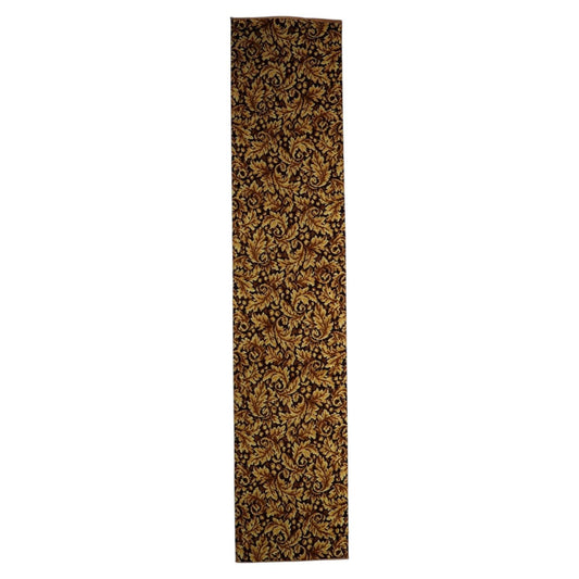 1960s German acrylic runner rug with gold and brown foliate pattern, long narrow hallway carpet