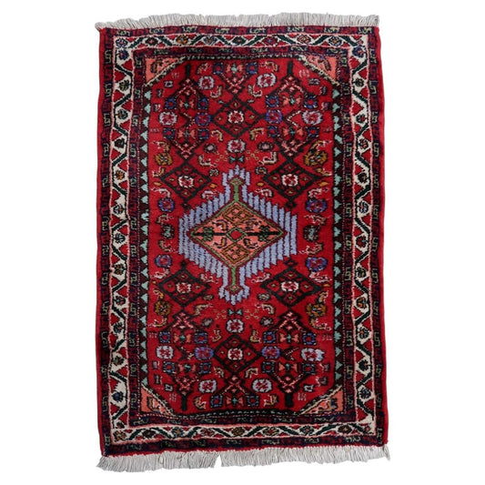 Handmade 1960s wool rug with a striking red central medallion and classic Persian-inspired design