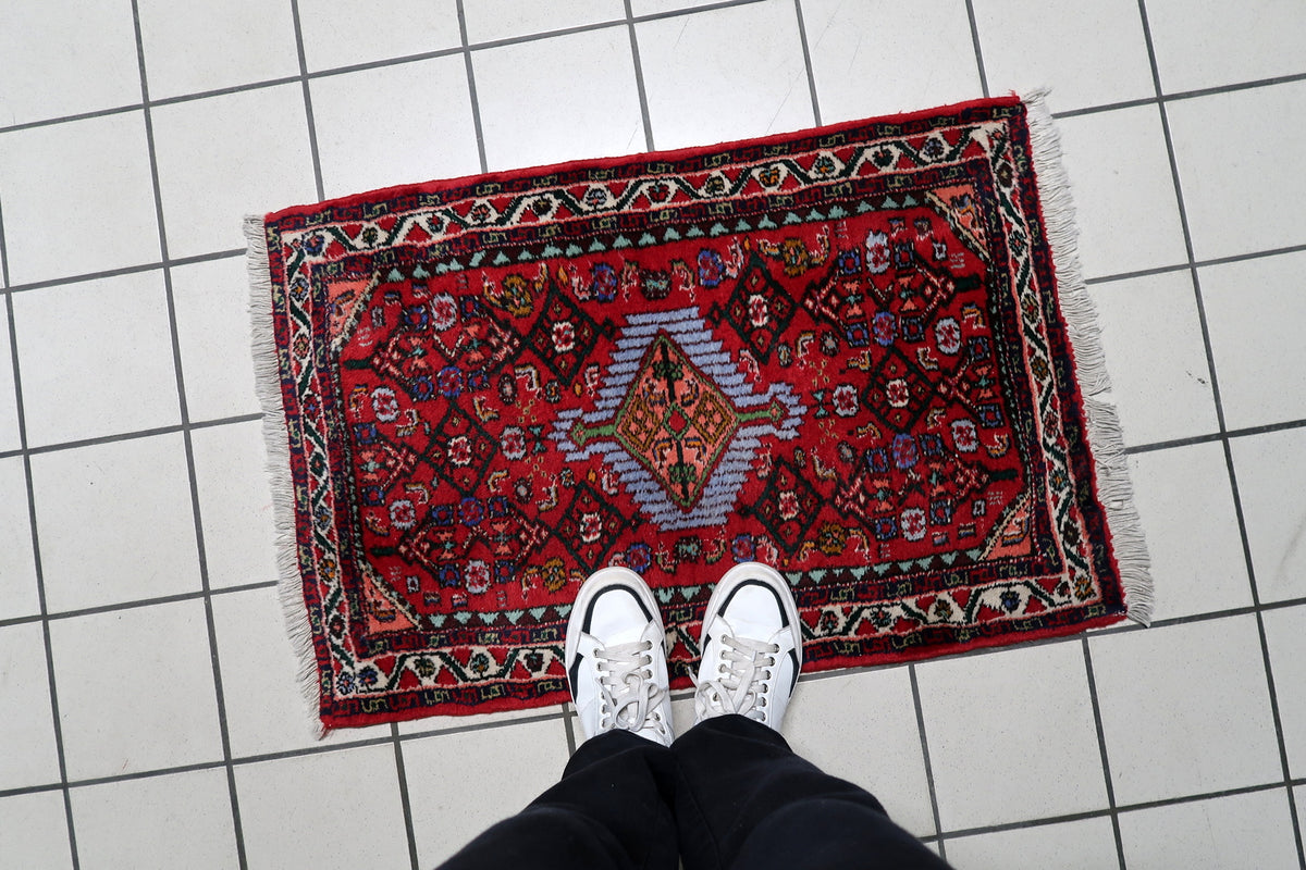 Handmade Persian-style area rug from the 1960s featuring a bold red field and intricate detailing