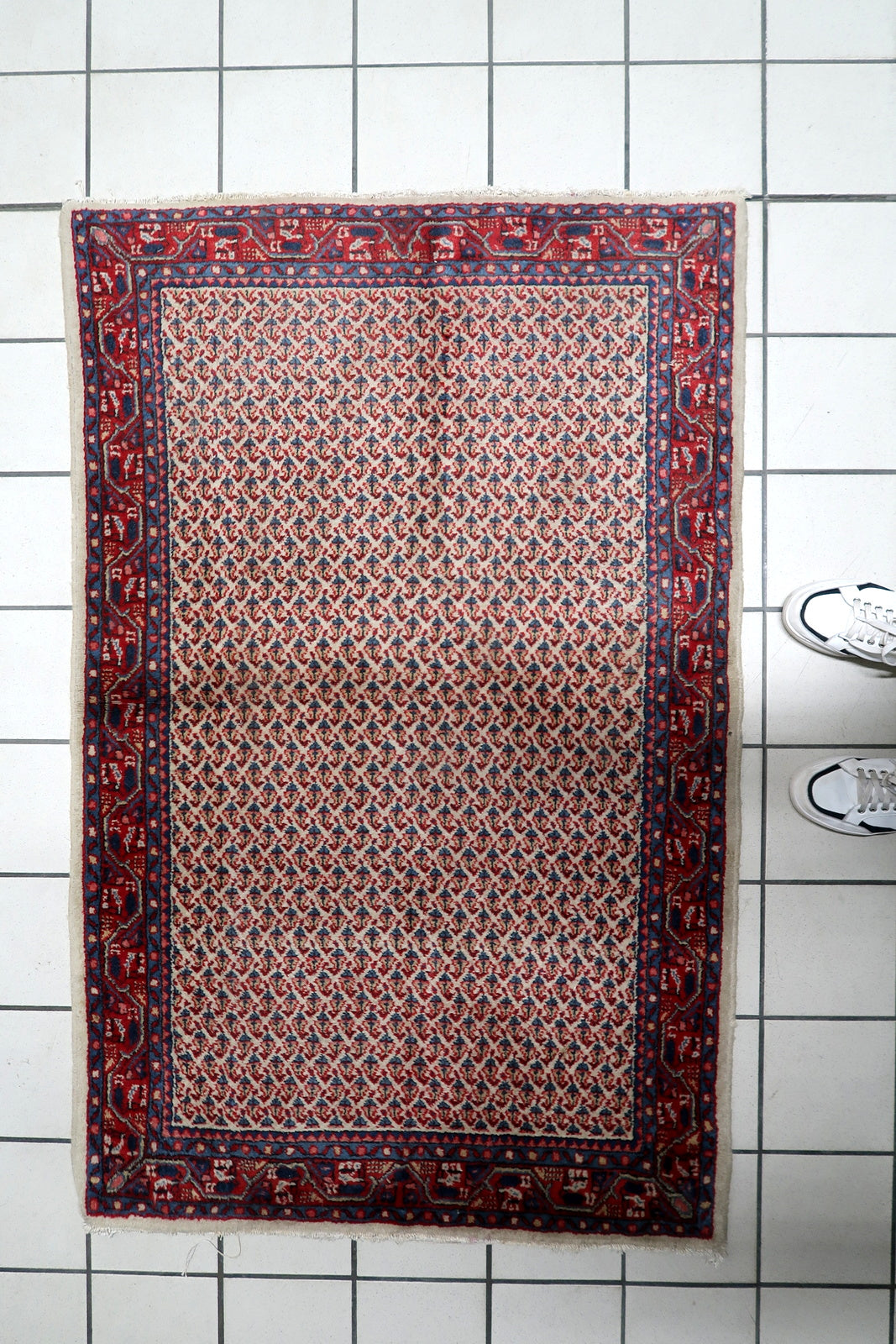 Detailed floral meanders, palmettes, and decorative guard bands on a vintage Indian wool rug.