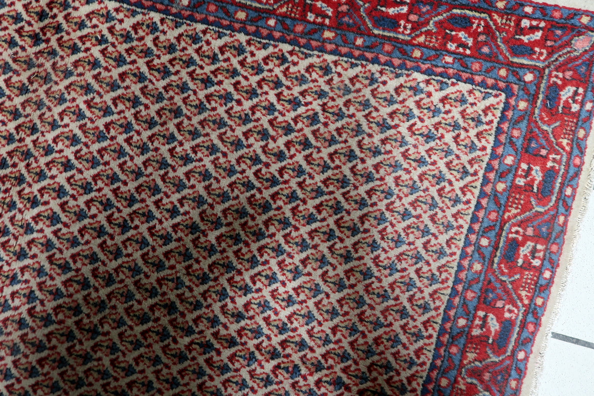 Hand-woven vintage Indian wool rug with rich crimson red borders and cream ivory central field.