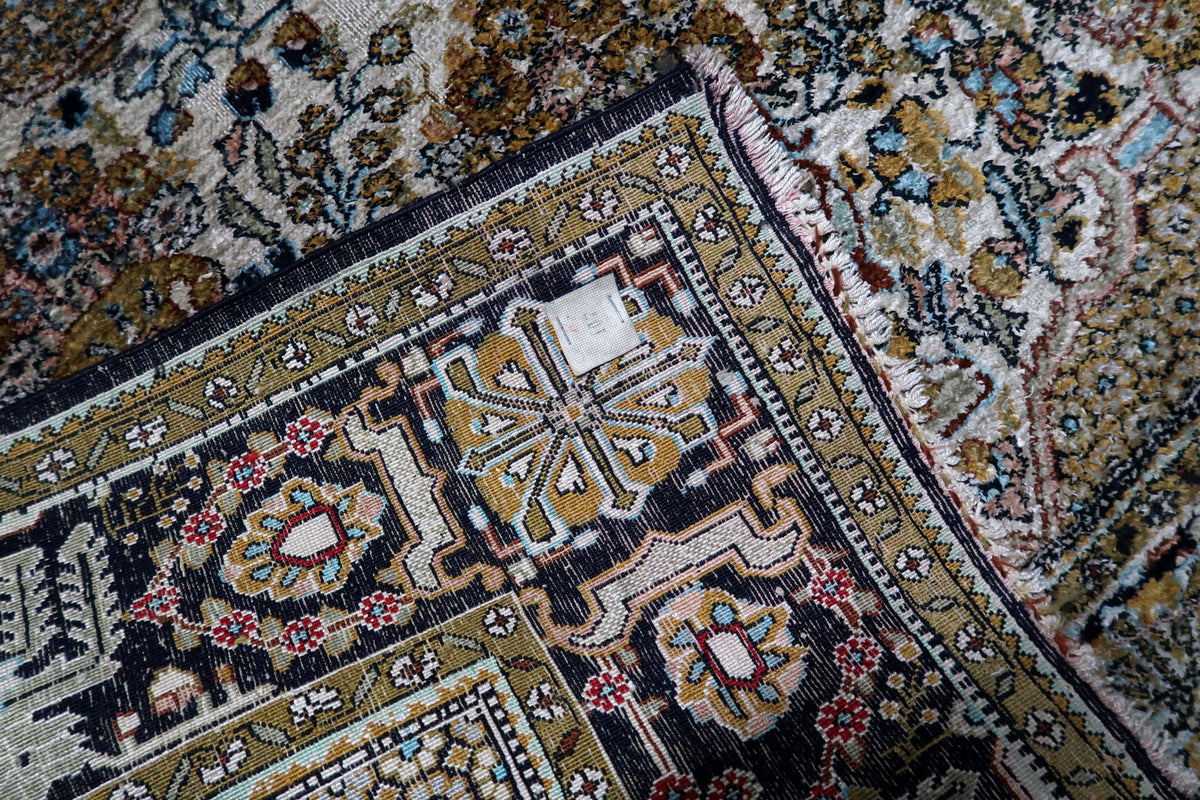 Proportional 3.58 x 5.41 ft dimensions ideal as an accent rug, wall tapestry, or entry carpet in luxury interiors.