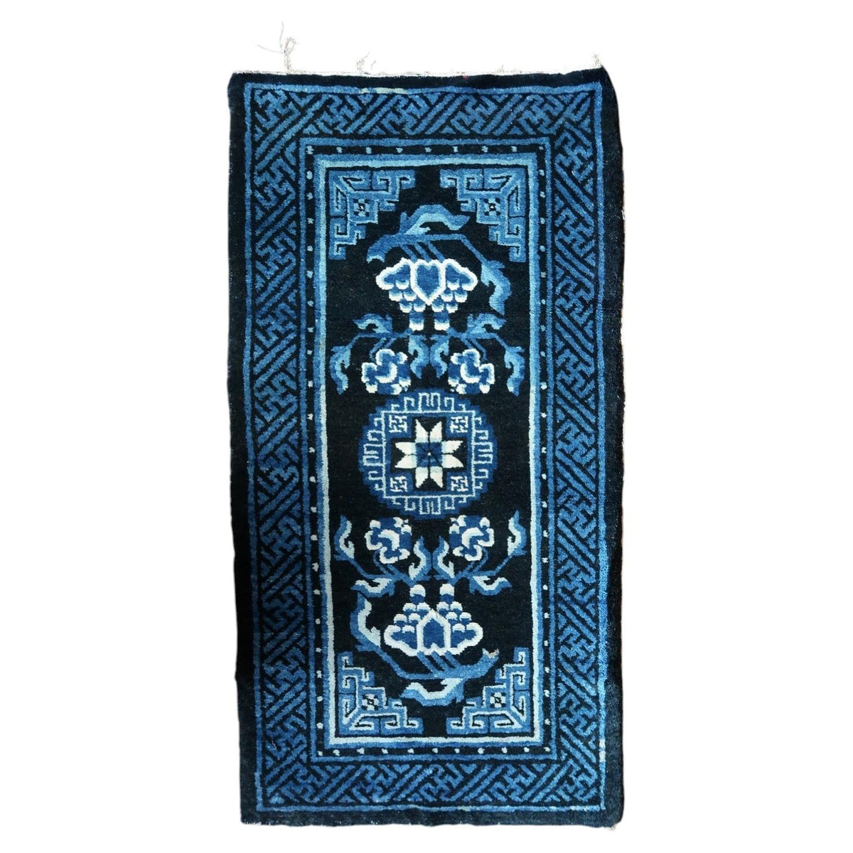 Full view of antique Chinese PaoTao rug 1C1305 with blue and ivory flowers and fretwork borders