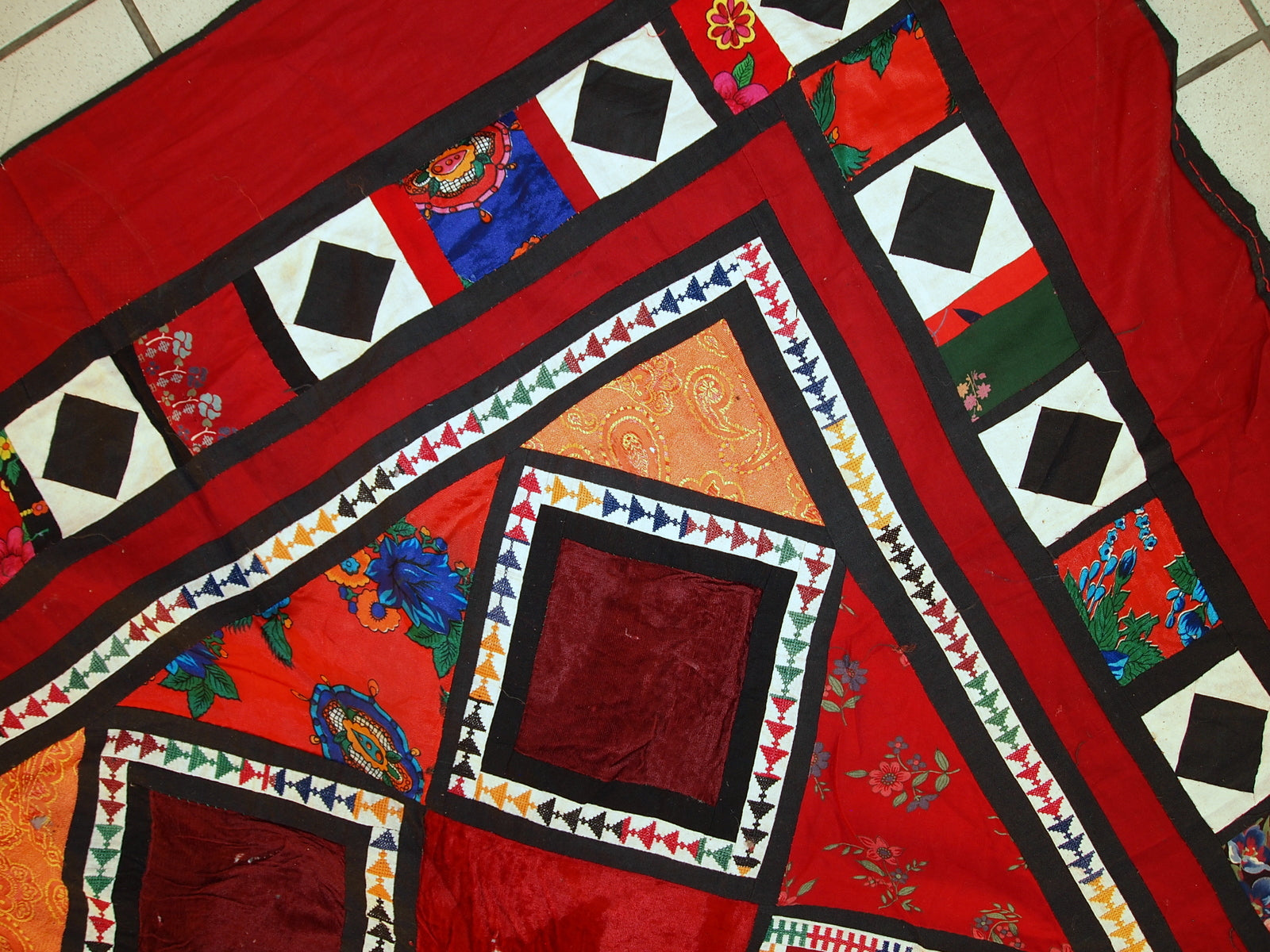 Close-up of multicolored velour texture and stitching

