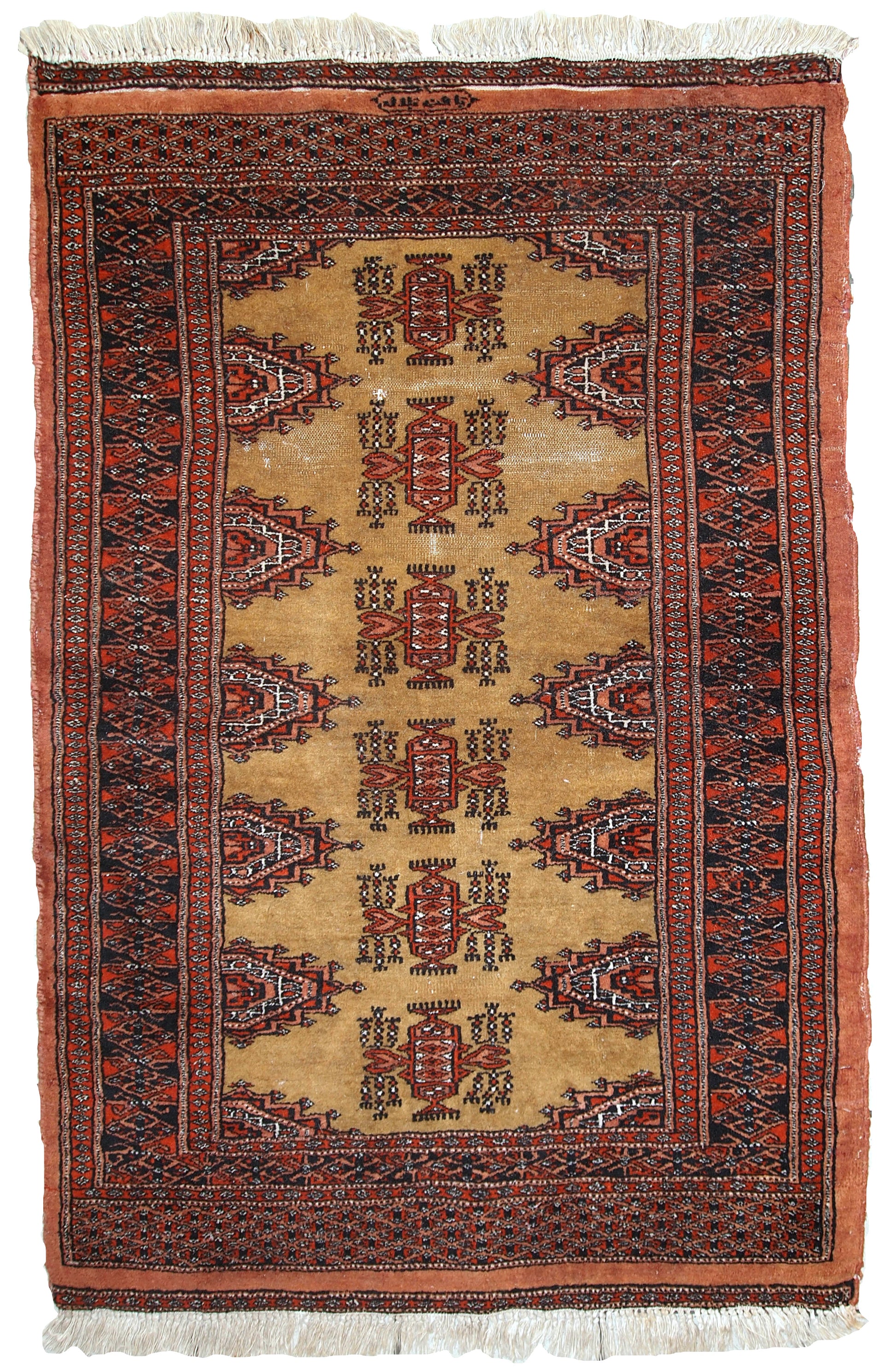 Handmade vintage Uzbek Bukhara rug with vibrant yellow, red, orange, and navy colors.

