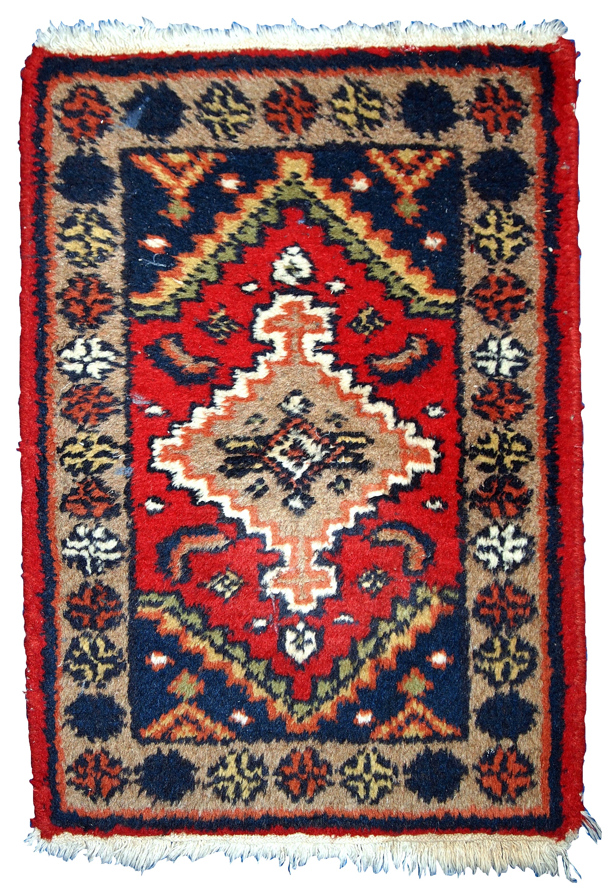 Handmade vintage Hamadan style rug with a rich color palette of red, navy blue, and orange.

