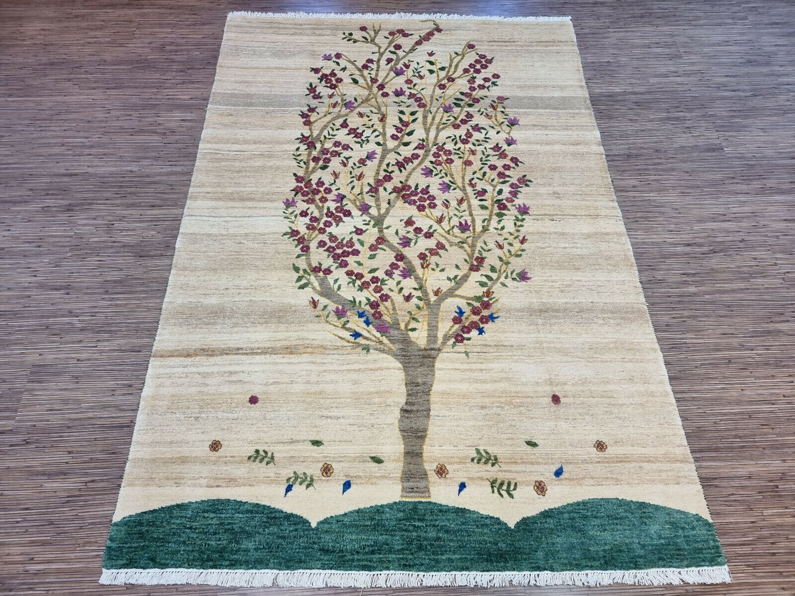 Side view showing the wool texture of the Persian Gabbeh rug
