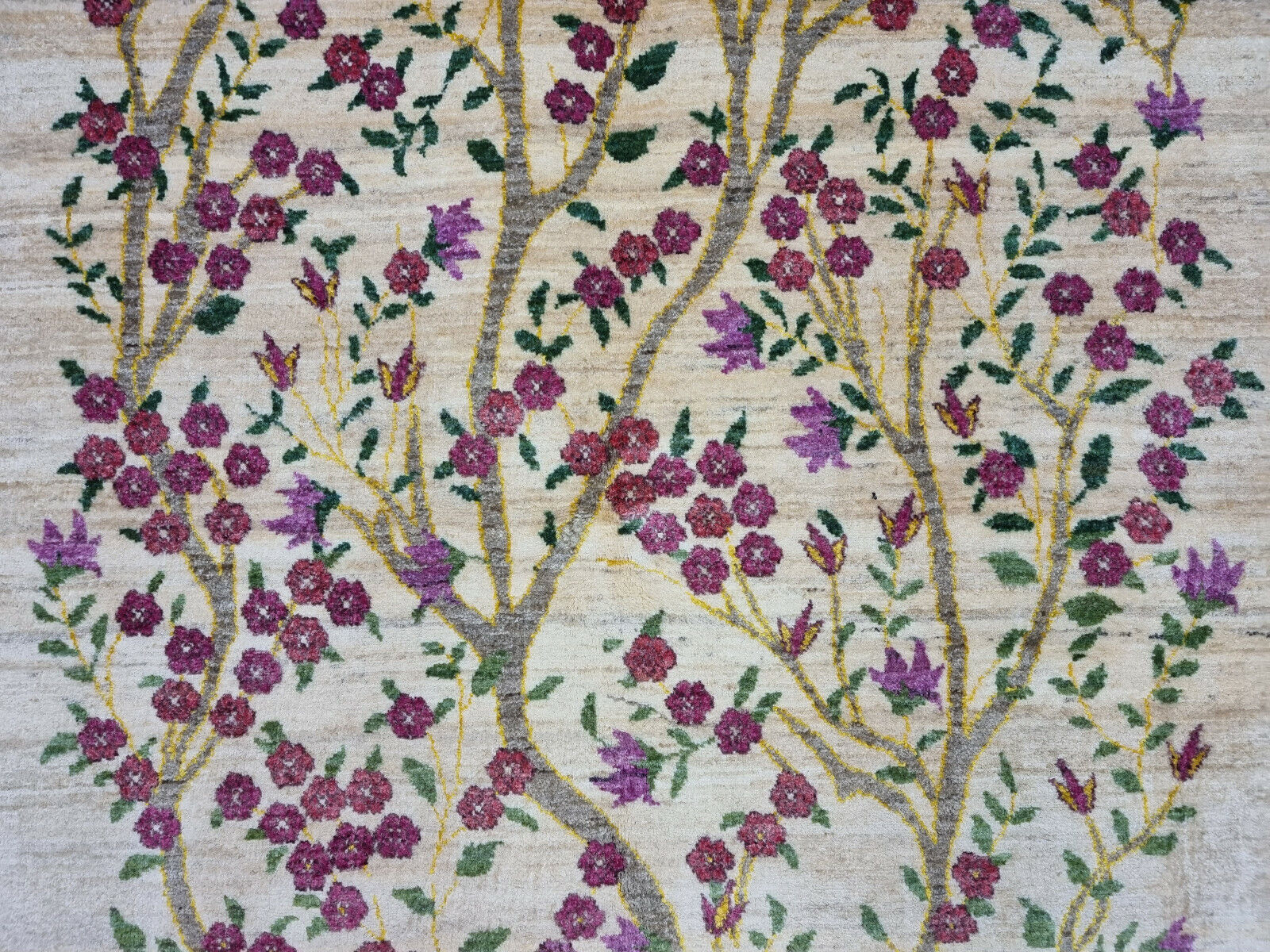 Close-up of the handwoven wool construction of the Persian Gabbeh Rug
