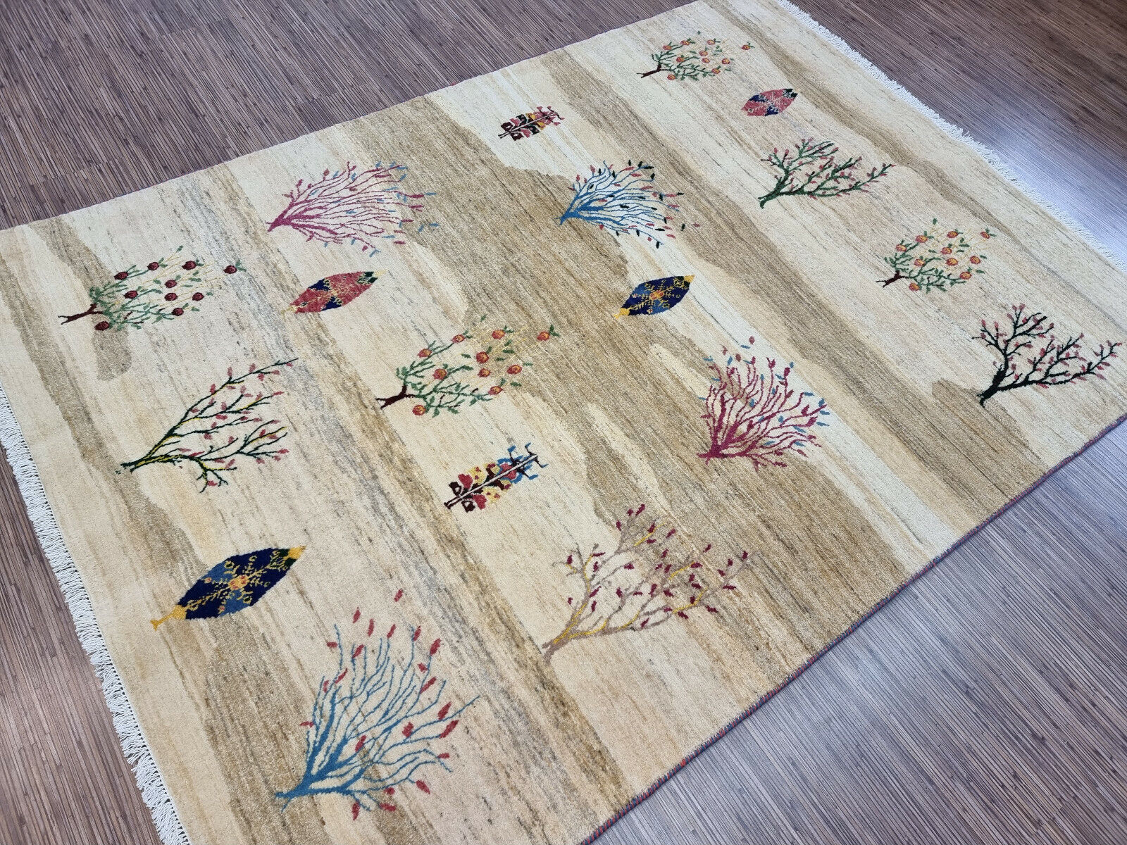 Side view showing the wool texture of the Persian Gabbeh rug

