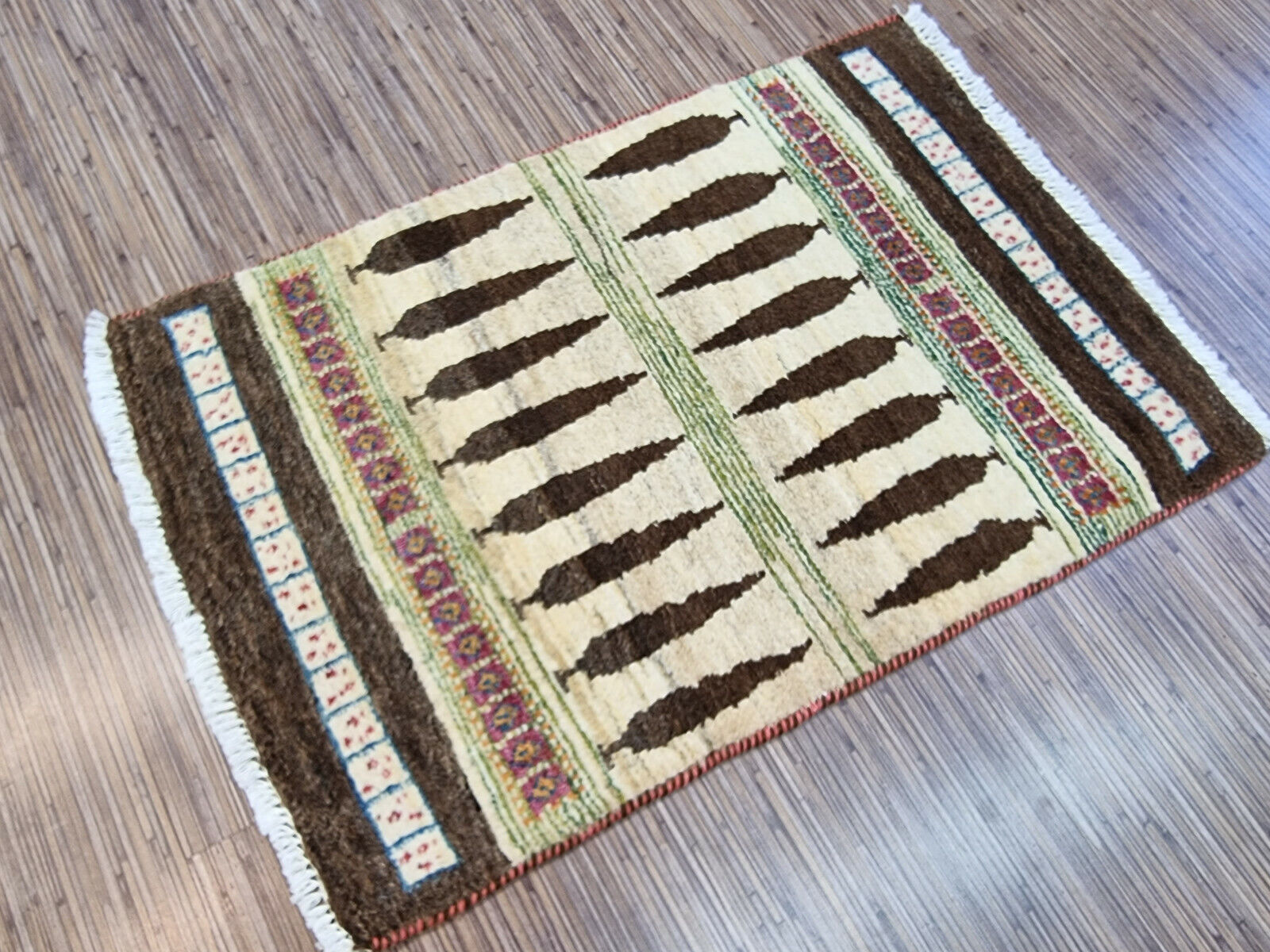 Detailed texture of hand-spun wool on Gabbeh rug
