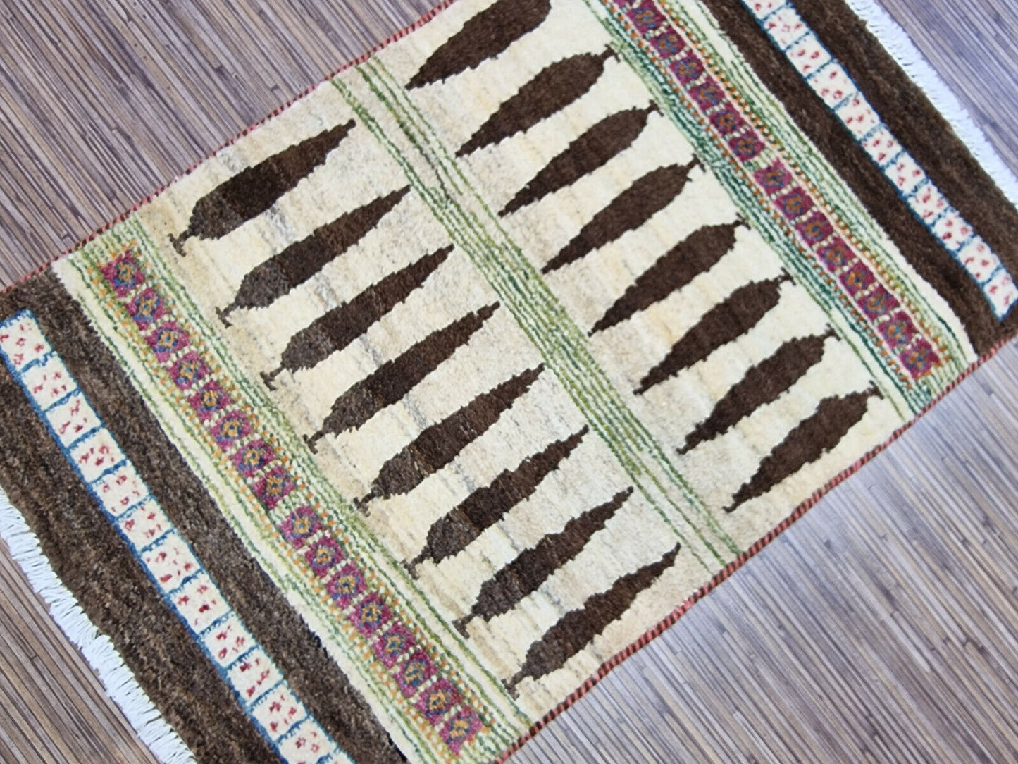 Backside of Persian Gabbeh rug showing cotton foundation
