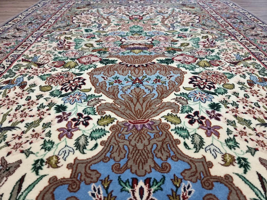 Close-up of intricate floral motifs on an Isfahan kork wool and silk rug
