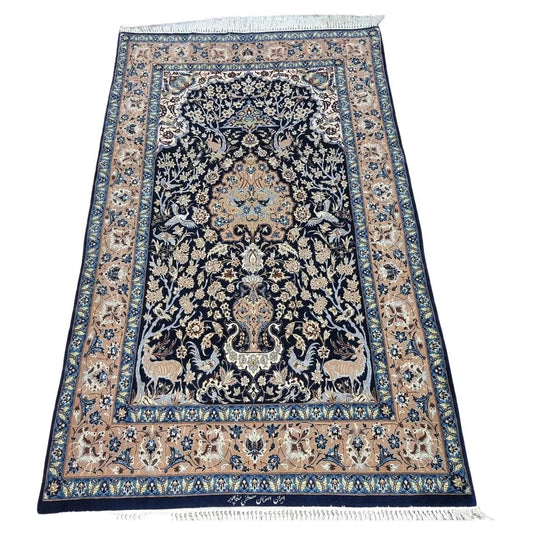 Full top view of the vintage Persian Isfahan prayer rug showing the complete mihrab design.


